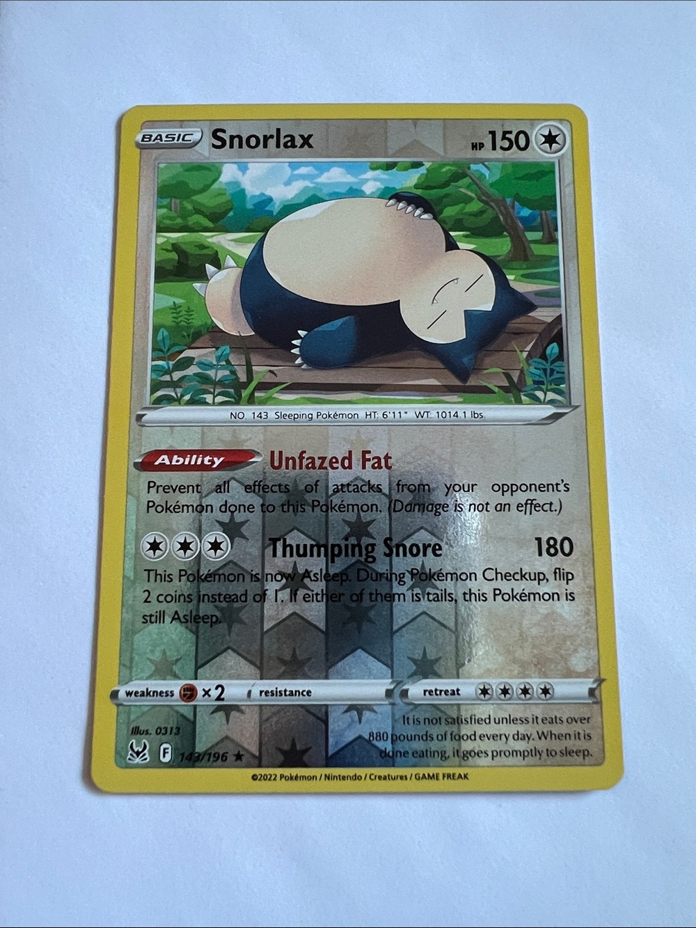 Snorlax Reverse Holo Pokémon Card 143/196. Lost Origin